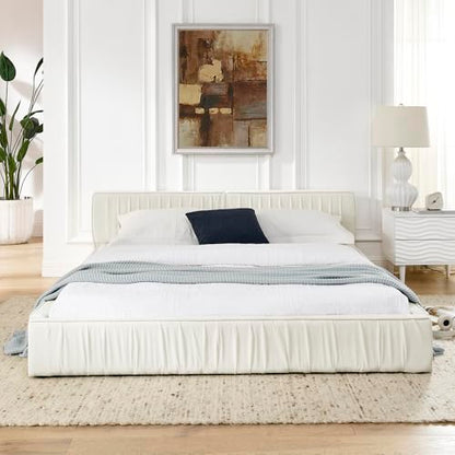 Queen Size Upholstered Bed Frame, Modern Grounded Bed with Solid Wood Slats, Pleated Headboard, Sturdy Construction, No Box Spring Needed, Grey (Beige, Queen) - color: Beige