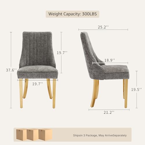 Upholstered Dining Chairs Set of 6, High Back Side Chairs for Kitchen and Dining Room, Mid-Century Modern Chenille Seating with Gold Metal Legs, Grey - color: Grey, Gold Legs, size: Set of 6