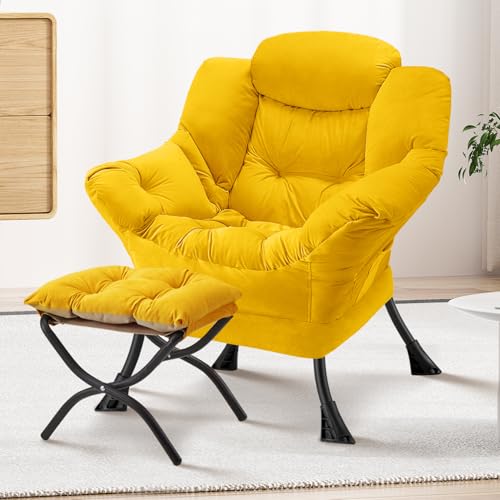 Lazy Chair with Folding Ottoman Modern Large Accent Chair,Contemporary Lounge Leisure Sofa Chair with Armrests Upholstered Sofa Armchair Reading Chair for Bedroom,Dorm & Office (Yellow-f) - color: Yellow