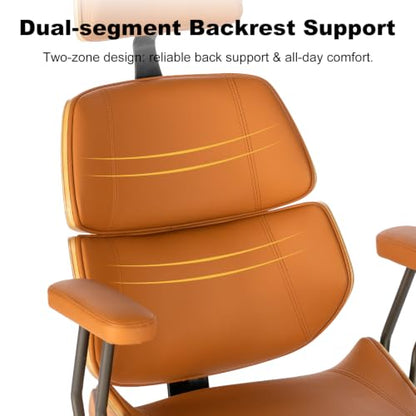 Mid Century Walnut PU Leather High Back Office Chair with Headrest, Brown | Curved walnut back & seat, high-back with headrest, PU leather, padded armrests, executive swivel & rolling for home office - color: Brown, size: 2-Section Back / Headrest