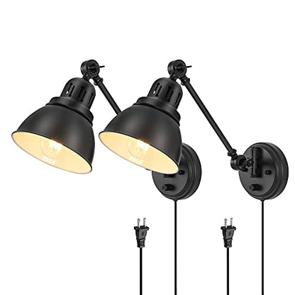 GOODATE Plug in Wall Sconces Set of 2, ENCOMLI Wall Sconce Lighting with Dimmable On Off Switch, Swing Arm Wall Lamp, Black Metal Industrial Wall Light Fixtures, Safety E26 Base, 6FT Plug in Cord - size: Black-2 PACK