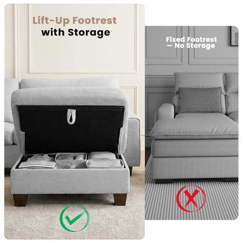 DOPEDIO 71.25" L-Shaped Sectional Sofa with Storage Ottoman, Light Gray | L-shaped sectional sofa with storage ottoman, chenille fabric, washable covers, pocket spring cushions, easy assembly - size: 71.25 inch-L, style: Light Grey Chenille