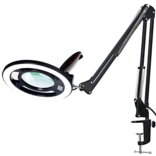 KIRKAS Magnifying Glass with Light, 2,200 Lumens Magnifying Lamp 12X | with Clamp, Stepless Dimmable Real Glass Lens Magnifier, Adjustable Arm Workbench Light for Close Work Hobby Repair - Black - color: Black