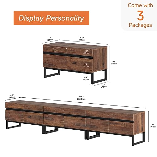 WAMPAT Modern TV Stand for 32-110 Inch TVs, Wood Entertainment Center with Metal Base Storage Cabinets, Media TV Console for Living Room, Brown, 3Pcs - color: Brown, size: 3 Pcs