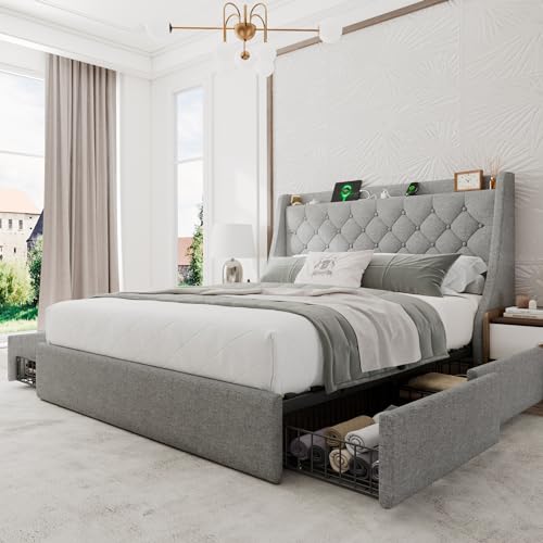 Einhomn Queen Bed Frame with 4 Storage Drawers, Upholstered Bed Frame with Large Wingback Headboard, Charging Station, No Box Spring Needed, Light Grey - color: Light Gray, size: Queen