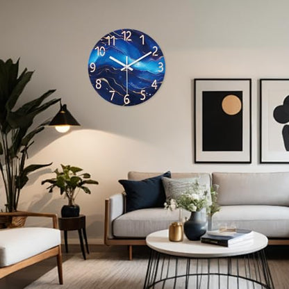 Blue Glass Wall Clocks Battery Operated 20 Inch | Marble Large Wall Clocks for Living Room Round Non Ticking Wall Clock Silent - color: Blue1, size: 20 Inch