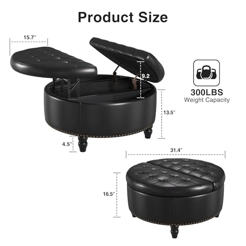 FiveWillowise 30 Inch Large Round Ottoman with Storage Circular,Black | Leather Coffee Table with Lift Top,Modern Upholstered Button Tufted Footrest Stool Solid Wood Legs for Living Room,Bedroom - color: Black
