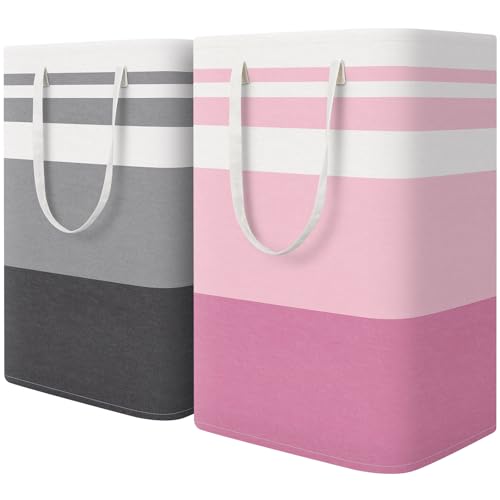 HomeHacks 2 Pack Laundry Baskets, Laundry Hampers Bags (Grey+Pink 75L) | Waterproof, Freestanding, Collapsible Clothes Hamper with Reinforced Handles in Laundry Room, Dorm, Bathroom, Bedroom - color: Grey+Pink, size: 75L