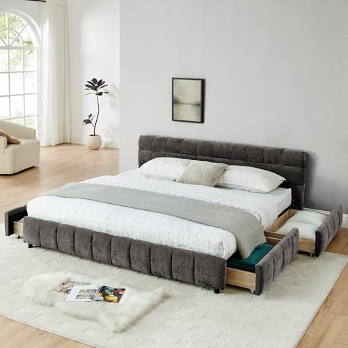 Upholstered Platform Bed with Storage Drawers, Chenille Fabric Low Profile Bed Frame with Soft Headboard, Sturdy Wood Slats, Easy Assembly, No Box Spring Needed (Dark Gray, King (U.S. Standard)) - color: Dark Gray, size: King (U.S. Standard)