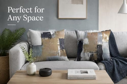 Brown Grey Abstract Throw Pillow Covers 16x16 Set of 4 | Brown, Grey & Taupe Modern‑Art Cushion Cases, neutral aesthetic pillowcases for sofa, bedroom & chair - color: Earth Tone Brown and Blue Grey, size: 16" x 16" (Pack of 4)