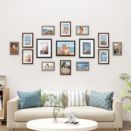 Vittanly 15 Pack Gallery Wall Frame Set, Black, Brown, Dark Grey | Picture Frames Collage Wall Decor: 3pcs 8x10, 6pcs 5x7, 6pcs 4x6. Picture Frame Set for Wall or Tabletop Display - color: Black & Brown & Dark Grey