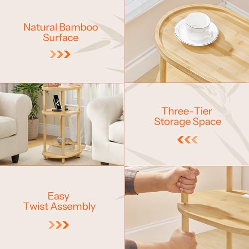 HOOBRO Small Side Table with Charging Station, Small End Table, 3-Tier Oval Bamboo Accent Table, Compact Sofa Bedside Table, for Living Room, Bedroom, Apartment, Natural YL177UBZ01 - color: Natural