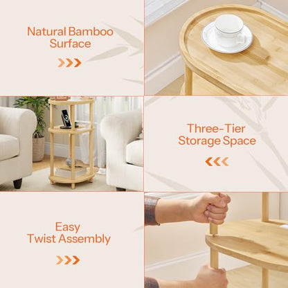 HOOBRO Small Side Table with Charging Station, Small End Table, 3-Tier Oval Bamboo Accent Table, Compact Sofa Bedside Table, for Living Room, Bedroom, Apartment, Natural YL177UBZ01 - color: Natural