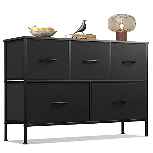 WLIVE 5 Drawer Dresser for Bedroom, Wide Chest of Drawers, Charcoal Black | 5 roomy fabric drawers, Wide low-profile design, Bedroom or closet use, Sturdy steel frame, Smooth wood tabletop - color: Charcoal Black, size: 11.73"D x 39.37"W x 26.57"H