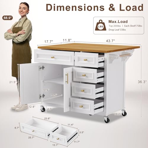 52" Kitchen Island with Storage, Wheels & Drop Leaf, Adjustable Shelf | Oak Top, White Retro Kitchen Cart on Casters, 2 Cabinets, 5 Drawers, Spice Rack, Towel Bar, Durable, Easy Assembly - color: White
