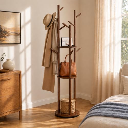 Solid Wood Rotating Coat Rack Freestanding, 360° Coat Tree with 3 Shelves & 9 Hooks, Heavy Duty Rubberwood Coat Hanger Stand, Hat Rack Hall Tree for Entryway Bedroom Office Hallway, Walnut