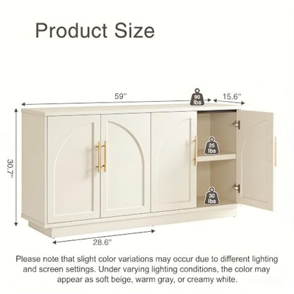 Fatmok 59" Sideboard Buffet Cabinet & TV Stand Set of 2, Modern Arched Credenza with Adjustable Shelves and Long Metal Handles, Wood Console Coffee Bar Storage for Living Room, Beige(Not White) - color: Aa-beige