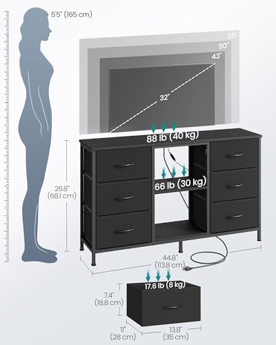 SONGMICS BELLAH Collection - TV Stand for TVs Up to 55 Inches, Dresser for Bedroom, Living Room, Chest of Drawers, Steel, 6 Drawers and 2 Shelves, Modern, Ink Black ULGS032B101S - color: Ink Black, size: 11.8"D x 44.8"W x 26.8"H (6 Drawers)