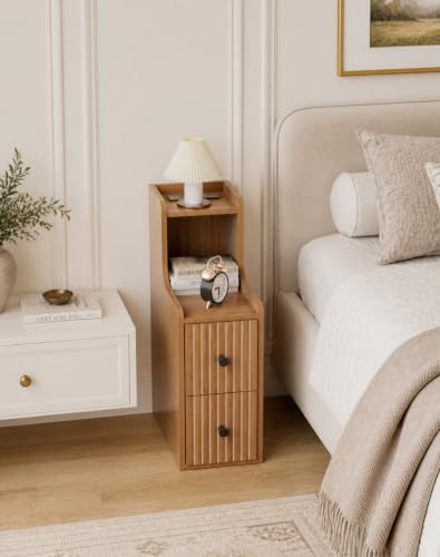 Narrow Nightstand Set of 2 with Charging Station for Small Bedroom | Open Shelf and 2 Drawers, For Small Space, Living Room, Bedroom or Sofa Side Use, Wood Grain Look, Raised Tray Top