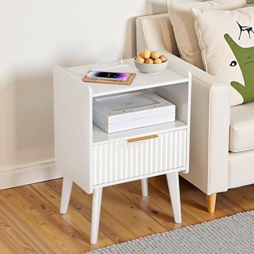 MAHANCRIS White Nightstand with Charging Station, Modern Bedside Table with Drawer and Storage Shelf, End Side Table with Solid Wood Legs, Night Stand, Living Room, Bedroom, Small Space, ETWT61E01N1 - color: White