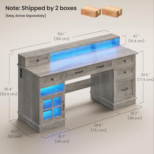 HAUOMS Farmhouse Executive Desk Computer Desk with Drawers，Grey | Executive Office Desk with File Drawers, Power Outlet, Led Lights, Storage Cabinet and Monitor Shelf for Home Office - color: Grey