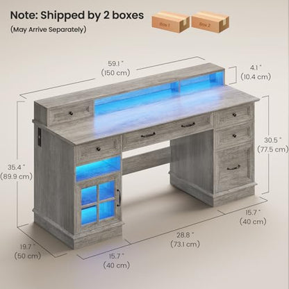 HAUOMS Farmhouse Executive Desk Computer Desk with Drawers，Grey | Executive Office Desk with File Drawers, Power Outlet, Led Lights, Storage Cabinet and Monitor Shelf for Home Office - color: Grey