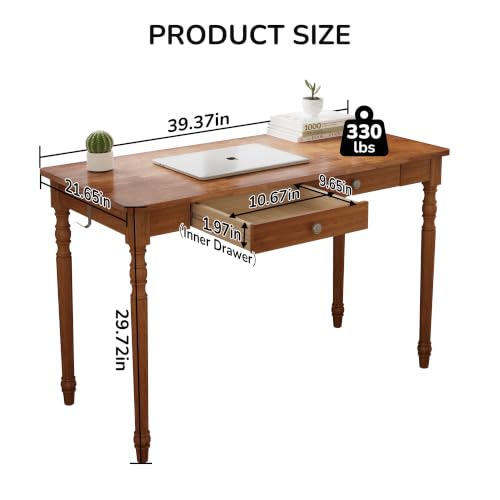 Vintage Solid Wood Writing Desk - 39.4" Small Walnut Desk with 2 Drawers, Mid Century Modern Desks with 2 Hooks, Wooden Computer Desks for Home Office, Traditional Vanity Dressing Table for Bedroom - color: Walnut-a, size: 39.4x21.7x29.5 Inch
