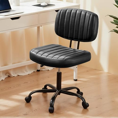 YSSOA Office Chair Small Computer Desk Chair Ergonomic with Low Back Lumbar Support, Height Adjustable Armless PU Leather Vanity Stool 360° Swivel Rolling Chair with Wheels, Black - color: Black