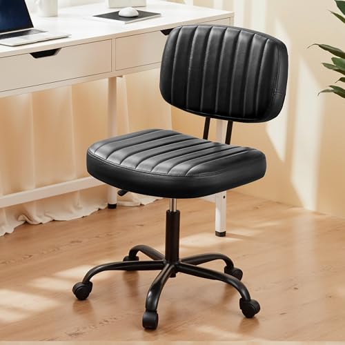 YSSOA Office Chair Small Computer Desk Chair Ergonomic with Low Back Lumbar Support, Height Adjustable Armless PU Leather Vanity Stool 360° Swivel Rolling Chair with Wheels, Black - color: Black