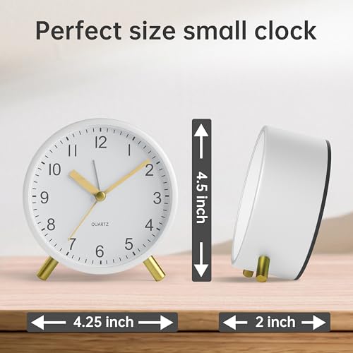 JALL Analog Alarm Clock, 4 inch Super Silent Non Ticking Small Clock with Night Light, Battery Operated, Simple Design, Easy Setting for Office, Bedroom, Bedside, Desk, Teens, Elders, Adult, White - color: White+gold