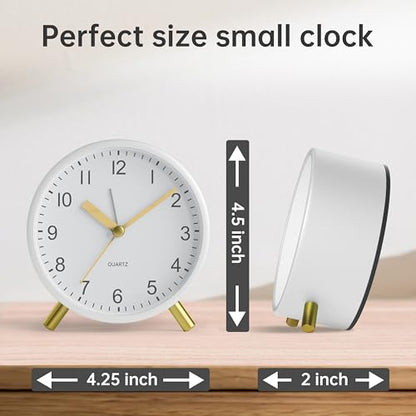 JALL Analog Alarm Clock, 4 inch Super Silent Non Ticking Small Clock with Night Light, Battery Operated, Simple Design, Easy Setting for Office, Bedroom, Bedside, Desk, Teens, Elders, Adult, White - color: White+gold