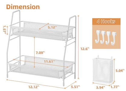 2 Tier Bathroom Countertop Organizer, Vanity Storage Shelf, Small, White | Bathroom Counter Organizer, Vanity Makeup Tray Shelf, Kitchen Spice Rack, Metal Wire Mesh, with Basket Hooks - color: Small White Wire Mesh