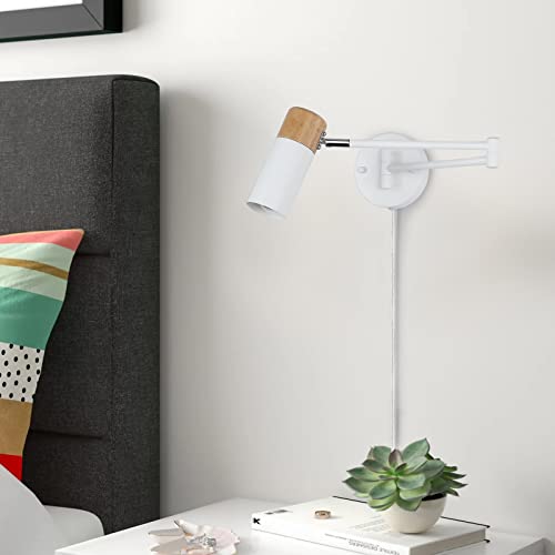 COSYLUX Modern Industrial Swing Arm Wall Lamp with Plug in Cord for Bedroom, Living Room, Office, Rotatable Lampshade Plug in Wall Sconces Light Fixture for Reading and Working, White (NO Bulb)