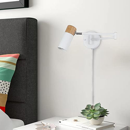 COSYLUX Modern Industrial Swing Arm Wall Lamp with Plug in Cord for Bedroom, Living Room, Office, Rotatable Lampshade Plug in Wall Sconces Light Fixture for Reading and Working, White (NO Bulb)