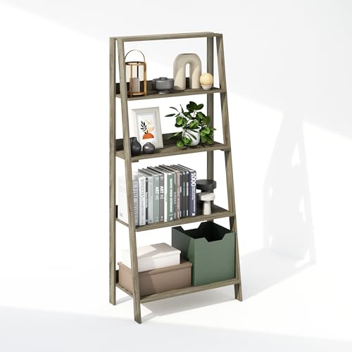 Furinno Ladder Display Shelf, 5-Tier Ladder Shelf, Standing Bookshelf, Display Storage Shelves, 13 x 23.6 x 53.5, for Living Room, Home Office, French Oak - color: French Oak