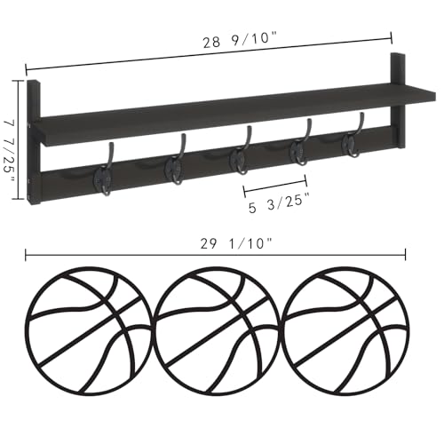 BAMEOS Wall-Mounted Shelf with Hooks - 28.9 Inch Entryway Hanging Shelf with 5 Dual Hooks for Bathroom, Living Room, Bedroom (Black) - style: Black-28.9IN with shelf