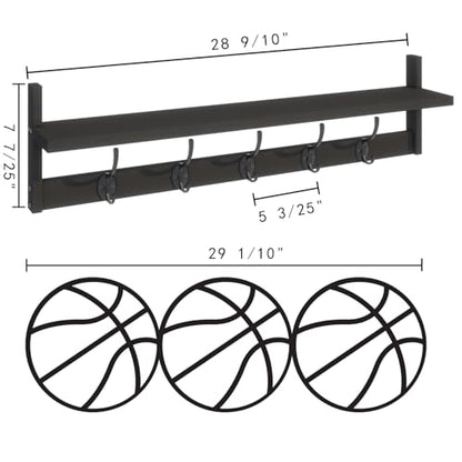 BAMEOS Wall-Mounted Shelf with Hooks - 28.9 Inch Entryway Hanging Shelf with 5 Dual Hooks for Bathroom, Living Room, Bedroom (Black) - style: Black-28.9IN with shelf