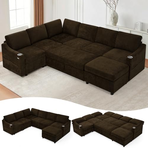 116" Chenille Modular Sofa Bed w/Adjustable Backrests, Brown | U-Shape Sleeper Sofa w/USB Ports & Storage Space, Convertible Corner Sectional Couch w/Pull Out Bed for House, Living Room - color: Brown, style: U-Shape