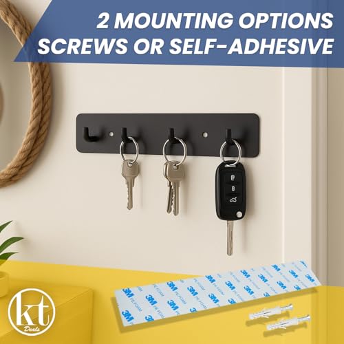 Key Holder Wall Mount Key Rack, Hanging Keys Hanger Hooks for Wall-Mounted Black Rail with 4 Hooks Storage Organizer Home Decor, Self Adhesive no Drill or Screws