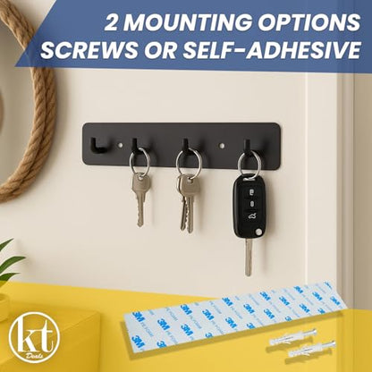 Key Holder Wall Mount Key Rack, Hanging Keys Hanger Hooks for Wall-Mounted Black Rail with 4 Hooks Storage Organizer Home Decor, Self Adhesive no Drill or Screws