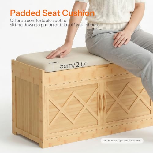 HOOBRO Shoe Bench, Shoe Storage Bench with Cushion, Bamboo Entryway Bench with Hidden Compartment, Storage Bench with Lift Top and 2 Door, for Living Room, Bedroom, Hallway, Beige and Natural YE60HX01