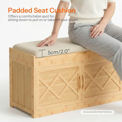 HOOBRO Shoe Bench, Shoe Storage Bench with Cushion, Bamboo Entryway Bench with Hidden Compartment, Storage Bench with Lift Top and 2 Door, for Living Room, Bedroom, Hallway, Beige and Natural YE60HX01
