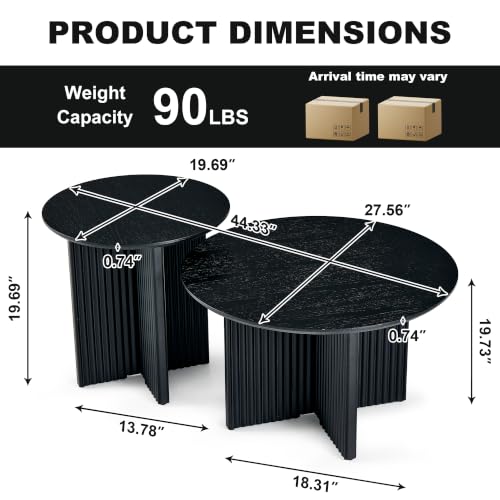 Fluted Round Nesting Coffee Table Set of 2, Modern Wood Coffee Tables and End Table Set, Circle Side Table Minimalist Center Tables for Living Room, Office, Black - color: Black, size: Set of 2-Cross-leg Table