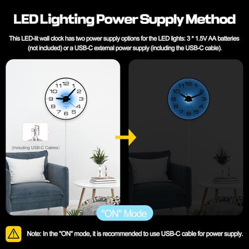 Night Light Wall Clocks Battery Operated, 8 Inch Silent Wall Clock for Bedroom Night Glow, Sound Control Luminous Wall Clocks for Living Room Decor, LED Wall Clock Modern for Kitchen Office - size: 8 Inch