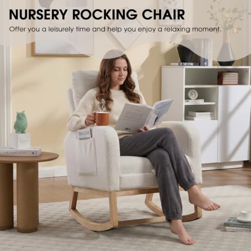 Rocking Chair Nursing, Rocker Chair with Footrest (White Modern) | Teddy Boucle Upholstered Accent Reading Chair with High Back & Side Pocket for Living Room Bedroom Nursery Office - color: White Modern