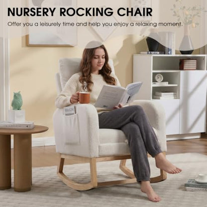 Rocking Chair Nursing, Rocker Chair with Footrest (White Modern) | Teddy Boucle Upholstered Accent Reading Chair with High Back & Side Pocket for Living Room Bedroom Nursery Office - color: White Modern