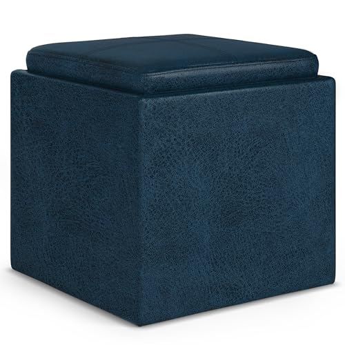 SIMPLIHOME Rockwood 17" Wide Vegan Leather Storage Ottoman in Brown | Distressed dark blue, contemporary ottoman with flip-over tray top and hidden storage; cube storage bench for living room. - color: Distressed Dark Blue