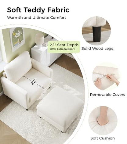 Welzona Sofa Accent Chair with Ottoman, 33" Teddy Reading Chair and Ottoman | Comfy Teddy Fabric, Tool-free Setup, Washable Covers, All-wood Chair and Ottoman Sets for Living Room, Bedroom, Beige - color: Beige, size: standard & ottoman
