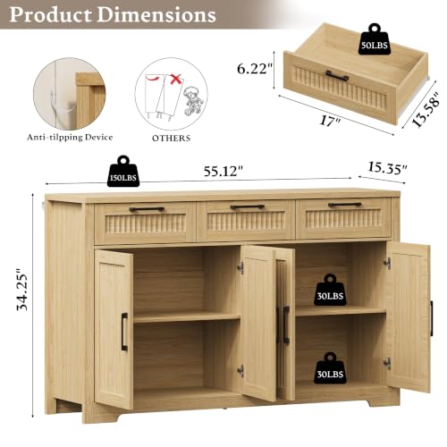 55" Fluted Buffet Sideboard Cabinet with Storage, Kitchen Buffet Table | Console Cabinet with 3 Drawers & 4 Doors, Wood Coffee Bar Console Table with Adjustable Shelf for Living Room, Black - color: Natural Oak, size: 4 Doors & 3 Drawers