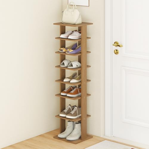 Tangkula 8-Tier Vertical Shoe Rack, Space-Saving Corner Shoe Organizer for 7 Pairs, Narrow Shoe Storage for Entryway, Front Door, or Closet - color: Natural Oak, size: 10" x 11" x 43.5"